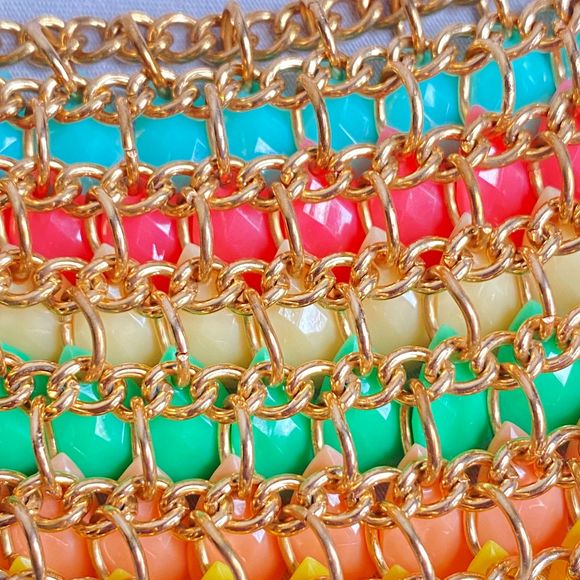 Signed Bib Necklace Fruity Pebbles Teardrop Acrylic Beads On Gold Tone Chain - Picture 5 of 12